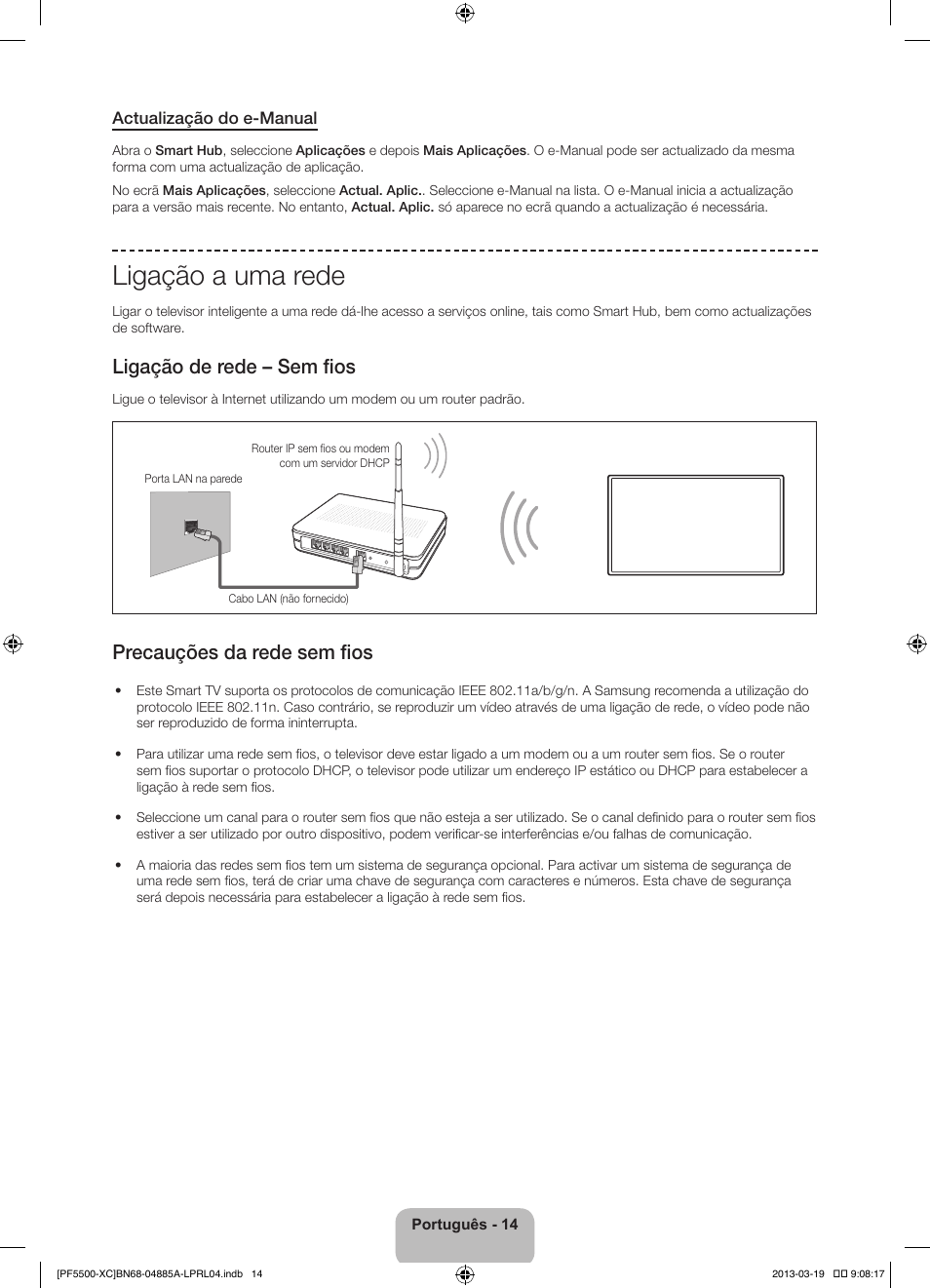 Ligação a uma rede, Ligação de rede – sem fios, Precauções da rede sem fios | Samsung PS51F5500AW User Manual | Page 86 / 97