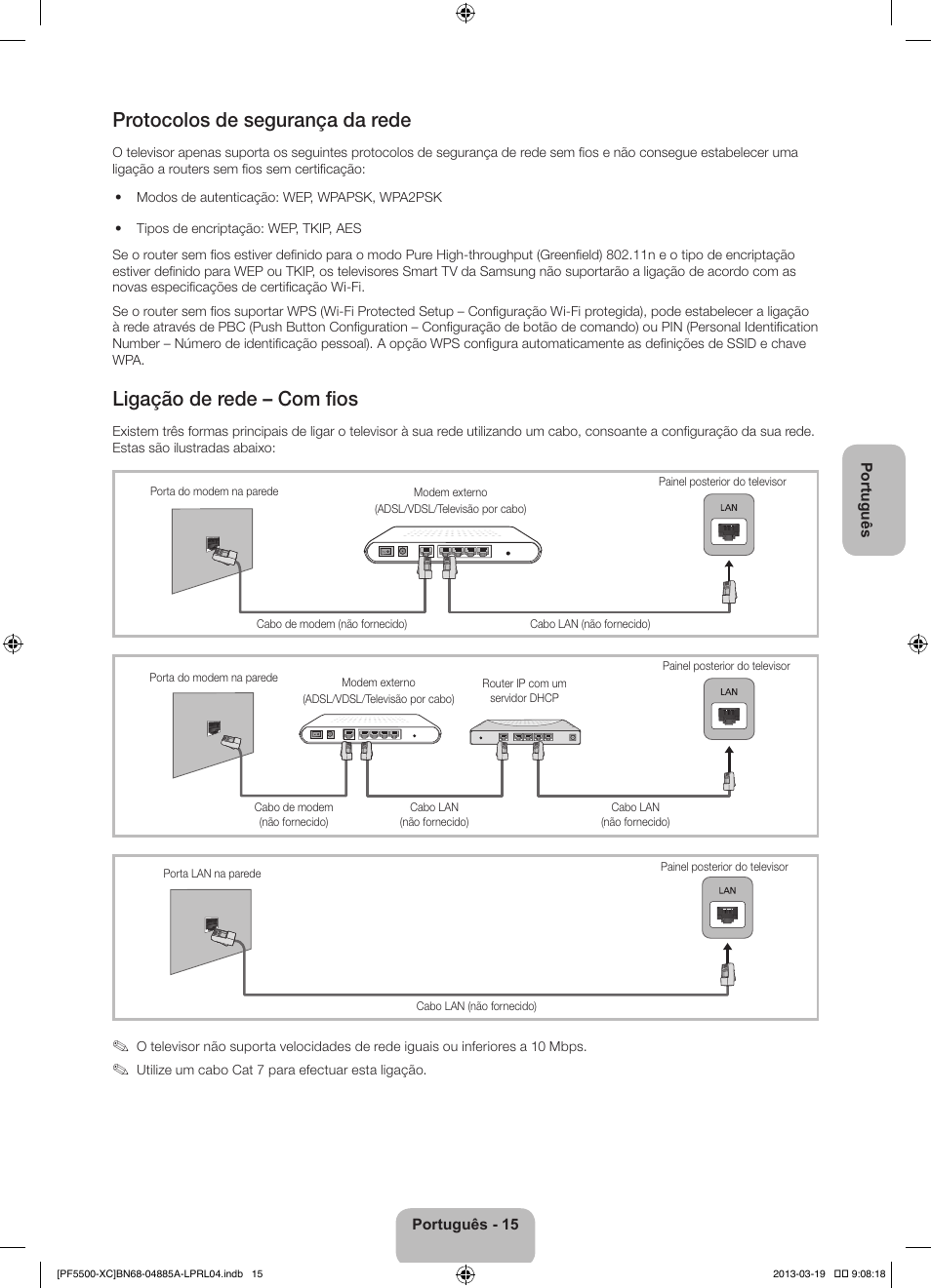 Protocolos de segurança da rede, Ligação de rede – com fios | Samsung PS51F5500AW User Manual | Page 87 / 97