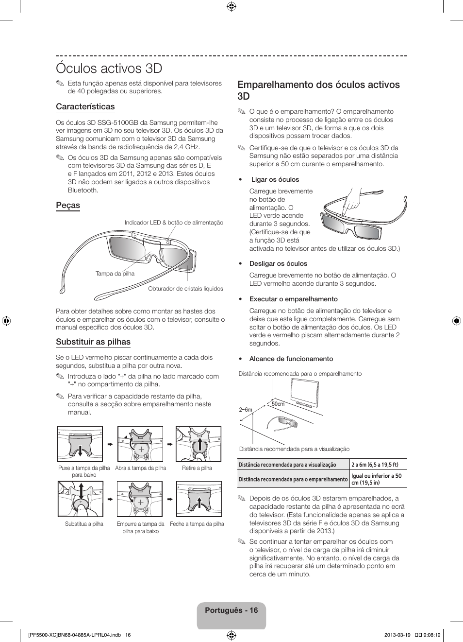 Óculos activos 3d, Emparelhamento dos óculos activos 3d | Samsung PS51F5500AW User Manual | Page 88 / 97