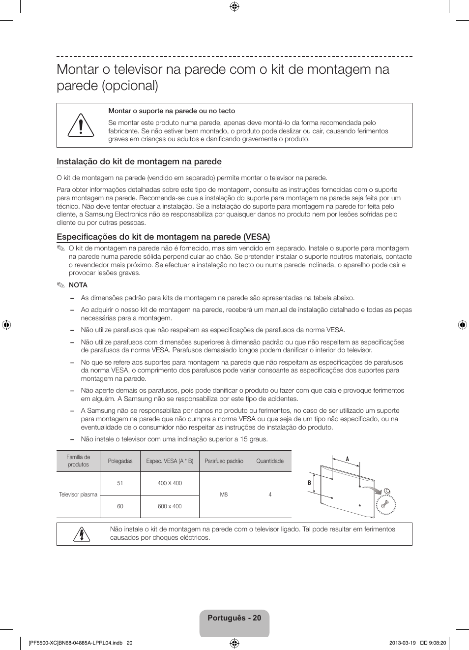 Instalação do kit de montagem na parede, Especificações do kit de montagem na parede (vesa) | Samsung PS51F5500AW User Manual | Page 92 / 97