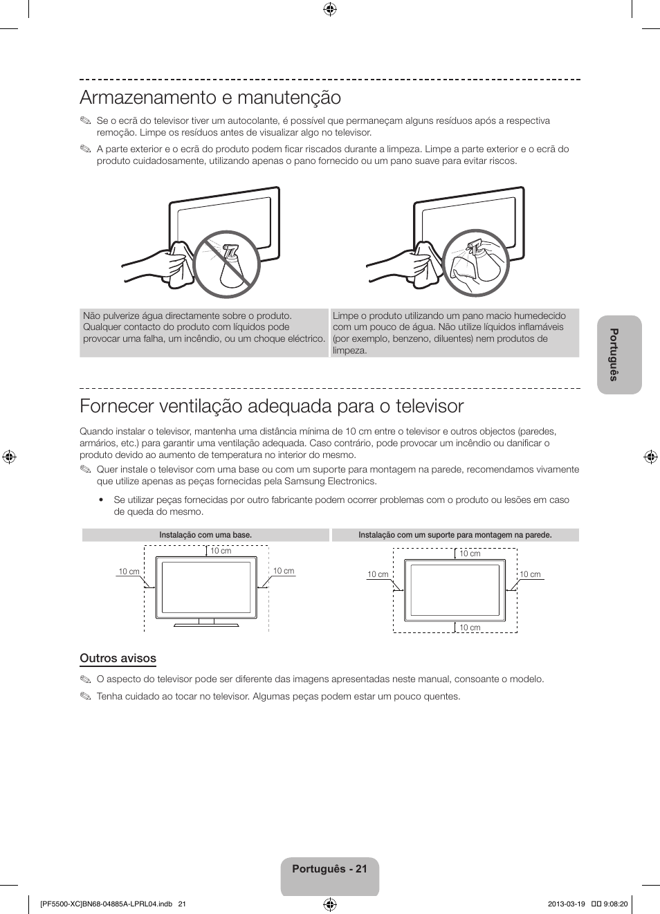 Armazenamento e manutenção, Fornecer ventilação adequada para o televisor | Samsung PS51F5500AW User Manual | Page 93 / 97