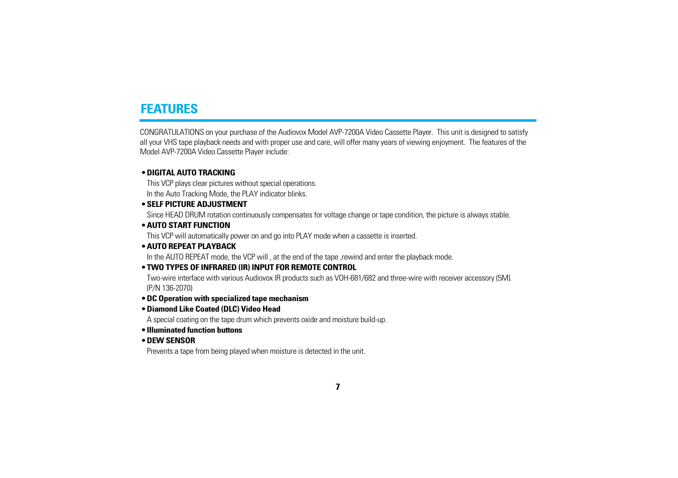 Features | Audiovox AVP-7200A User Manual | Page 10 / 30