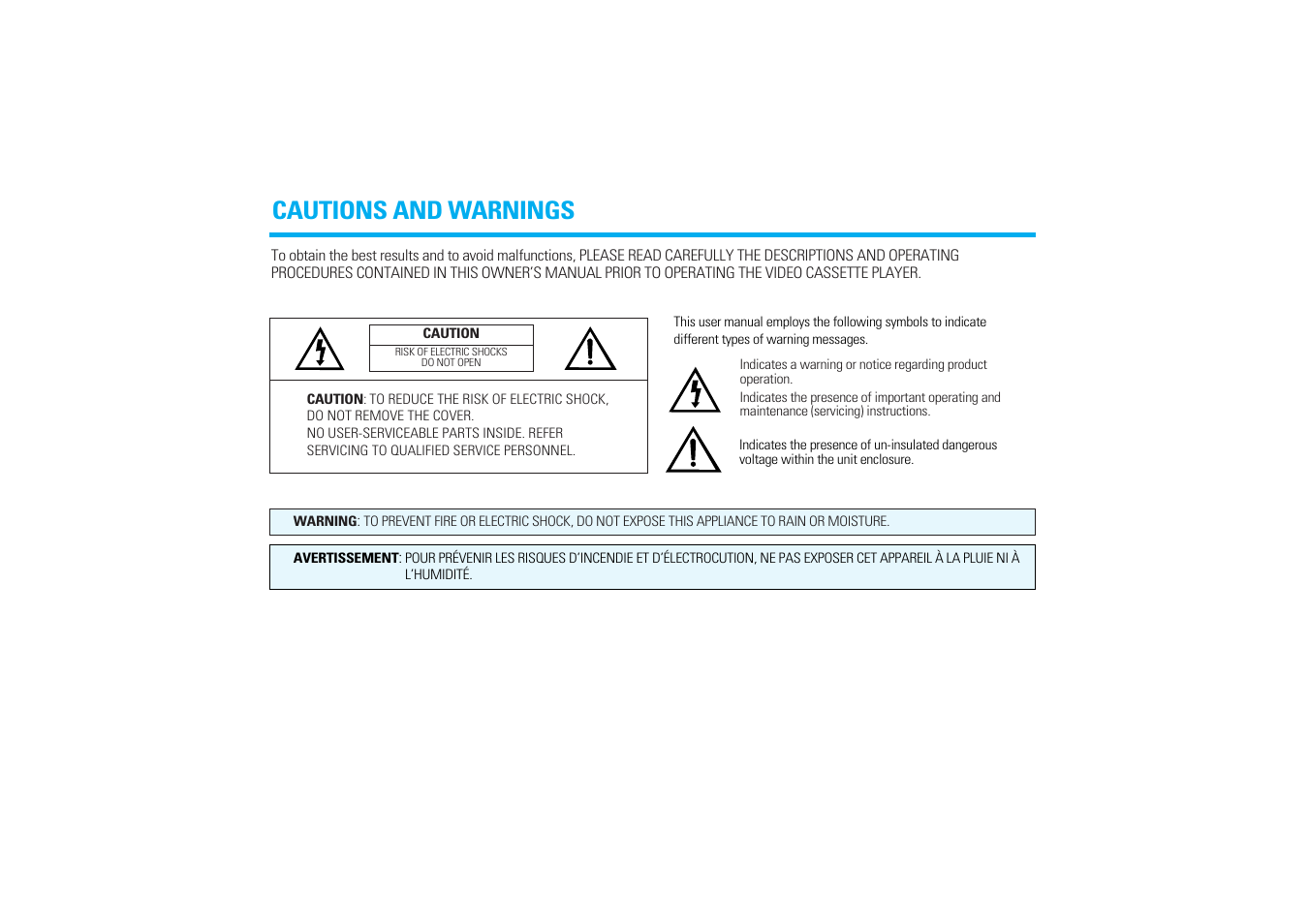 Cautions and warnings | Audiovox AVP-7200A User Manual | Page 2 / 30