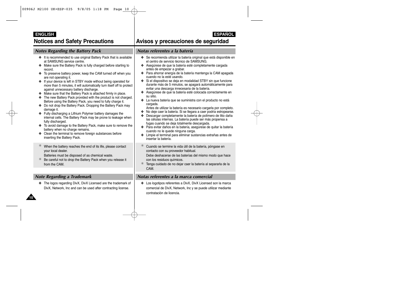 Notices and safety precautions, Avisos y precauciones de seguridad | Samsung VP-M2100S User Manual | Page 10 / 134