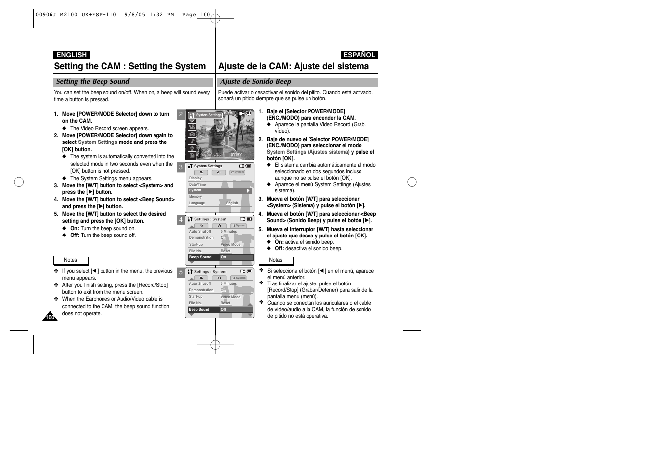 Setting the cam : setting the system, Ajuste de la cam: ajuste del sistema, Setting the beep sound | Ajuste de sonido beep | Samsung VP-M2100S User Manual | Page 100 / 134