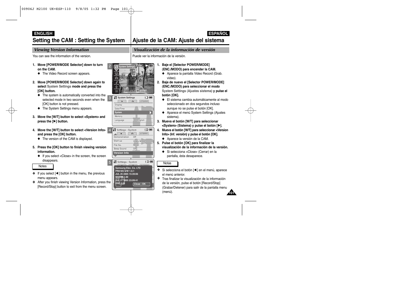 Setting the cam : setting the system, Ajuste de la cam: ajuste del sistema | Samsung VP-M2100S User Manual | Page 101 / 134