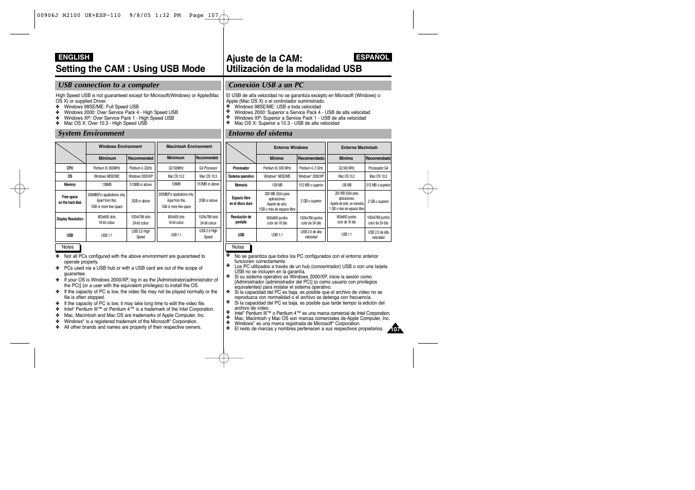 Setting the cam : using usb mode, Ajuste de la cam: utilización de la modalidad usb, Usb connection to a computer system environment | Conexión usb a un pc entorno del sistema | Samsung VP-M2100S User Manual | Page 107 / 134