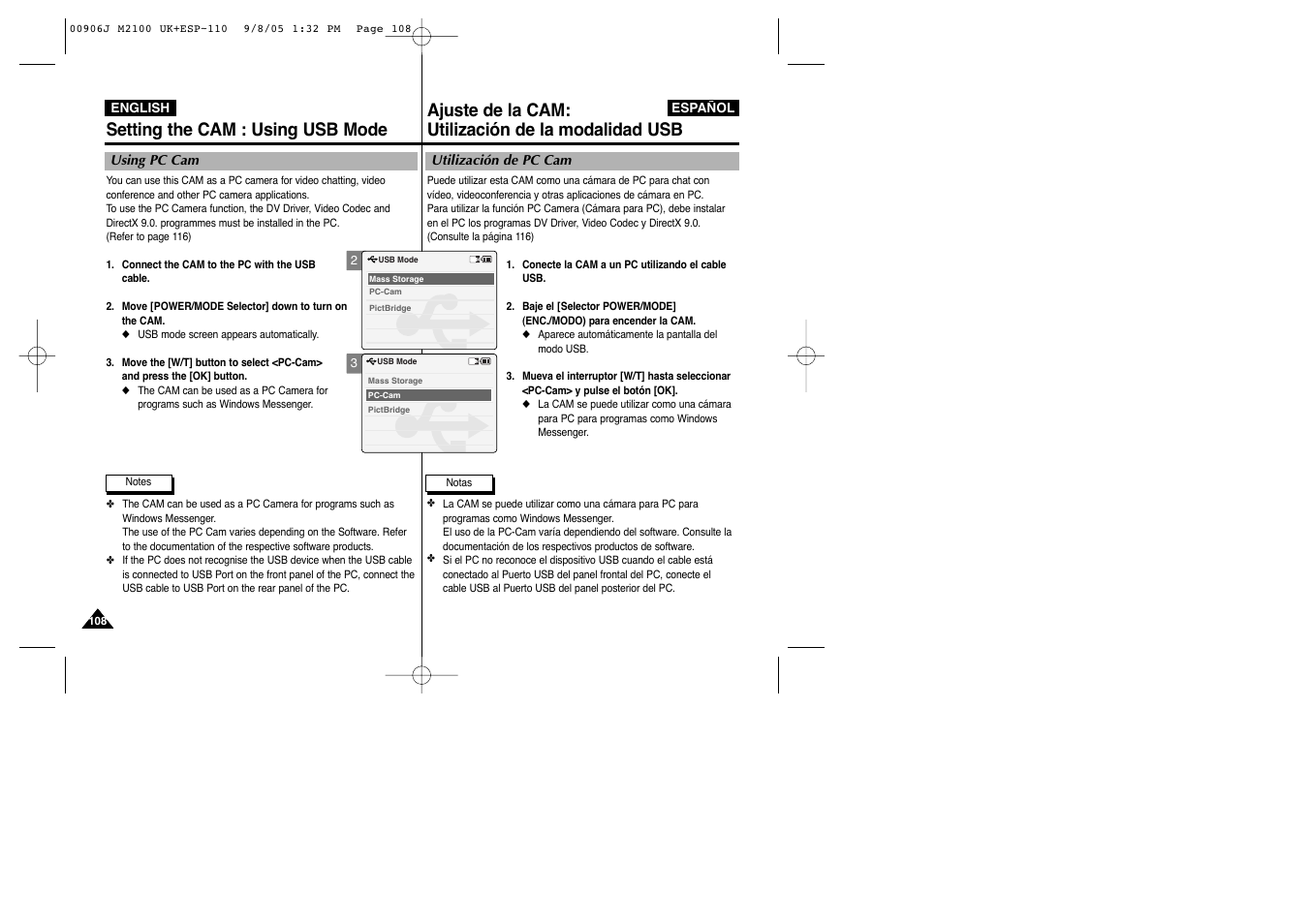 Setting the cam : using usb mode, Ajuste de la cam: utilización de la modalidad usb | Samsung VP-M2100S User Manual | Page 108 / 134