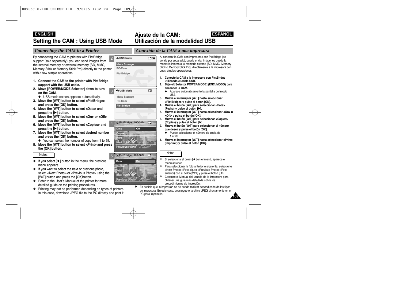 Setting the cam : using usb mode, Ajuste de la cam: utilización de la modalidad usb | Samsung VP-M2100S User Manual | Page 109 / 134