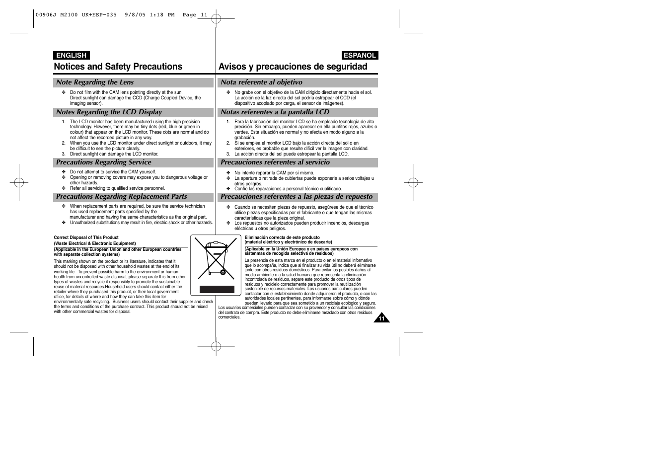 Notices and safety precautions, Avisos y precauciones de seguridad | Samsung VP-M2100S User Manual | Page 11 / 134