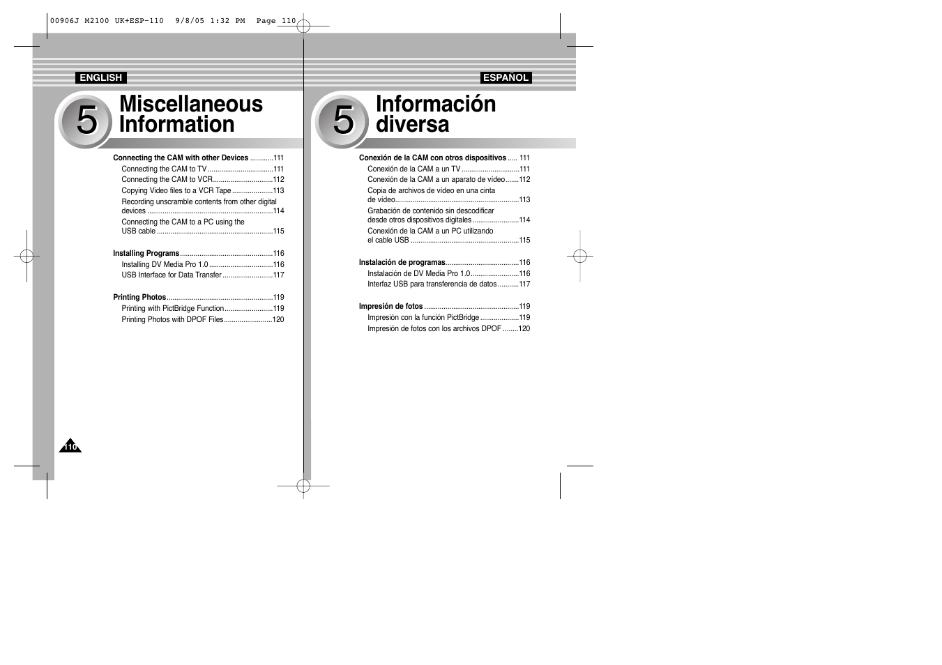 Miscellaneous information, Información diversa | Samsung VP-M2100S User Manual | Page 110 / 134