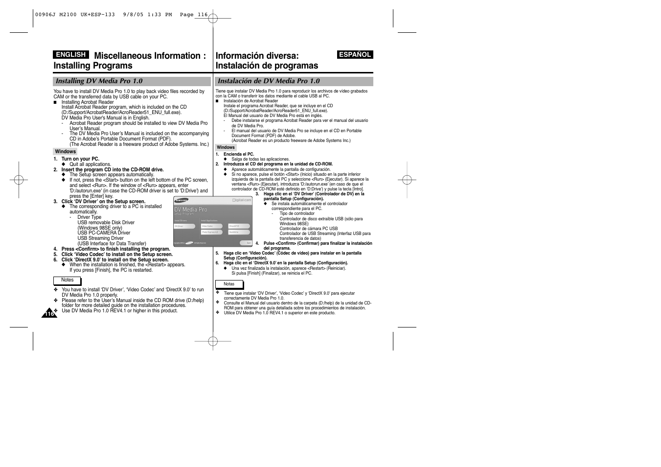 Miscellaneous information : installing programs, Información diversa: instalación de programas | Samsung VP-M2100S User Manual | Page 116 / 134