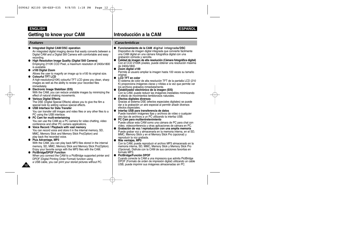 Getting to know your cam, Introducción a la cam | Samsung VP-M2100S User Manual | Page 12 / 134