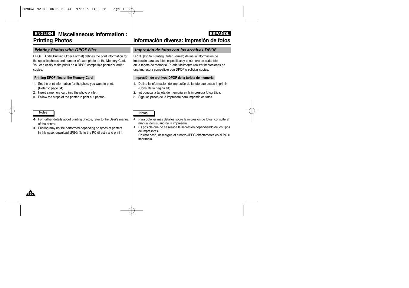 Miscellaneous information : printing photos, Información diversa: impresión de fotos | Samsung VP-M2100S User Manual | Page 120 / 134