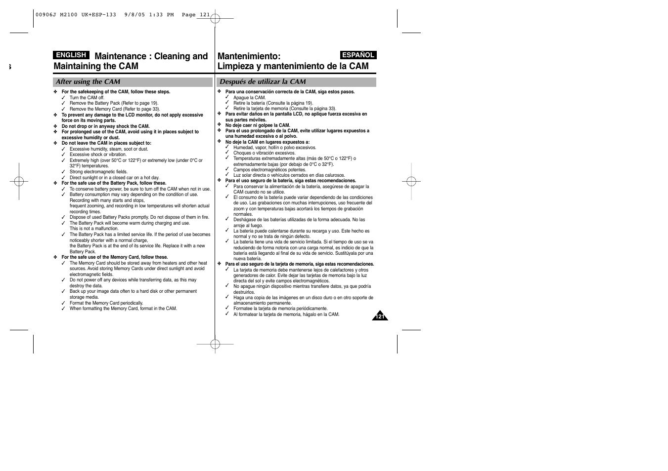 Maintenance : cleaning and maintaining the cam, Smantenimiento: limpieza y mantenimiento de la cam | Samsung VP-M2100S User Manual | Page 121 / 134