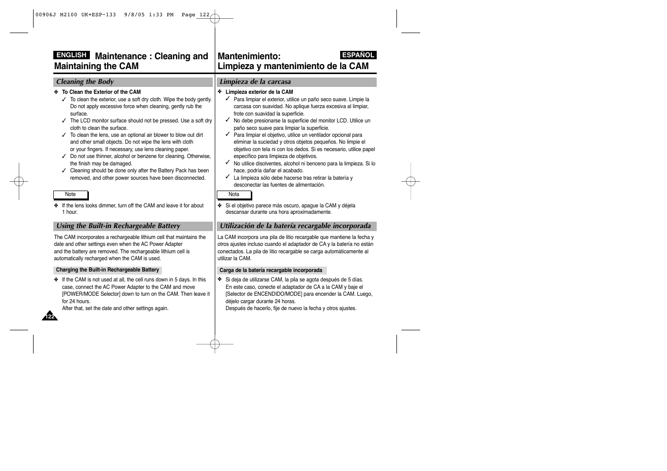 Maintenance : cleaning and maintaining the cam, Mantenimiento: limpieza y mantenimiento de la cam | Samsung VP-M2100S User Manual | Page 122 / 134