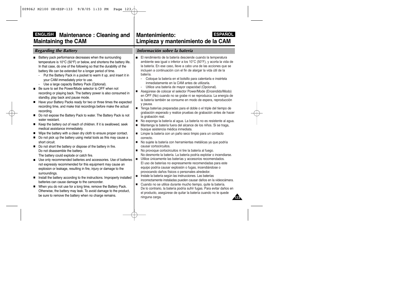 Maintenance : cleaning and maintaining the cam, Mantenimiento: limpieza y mantenimiento de la cam | Samsung VP-M2100S User Manual | Page 123 / 134