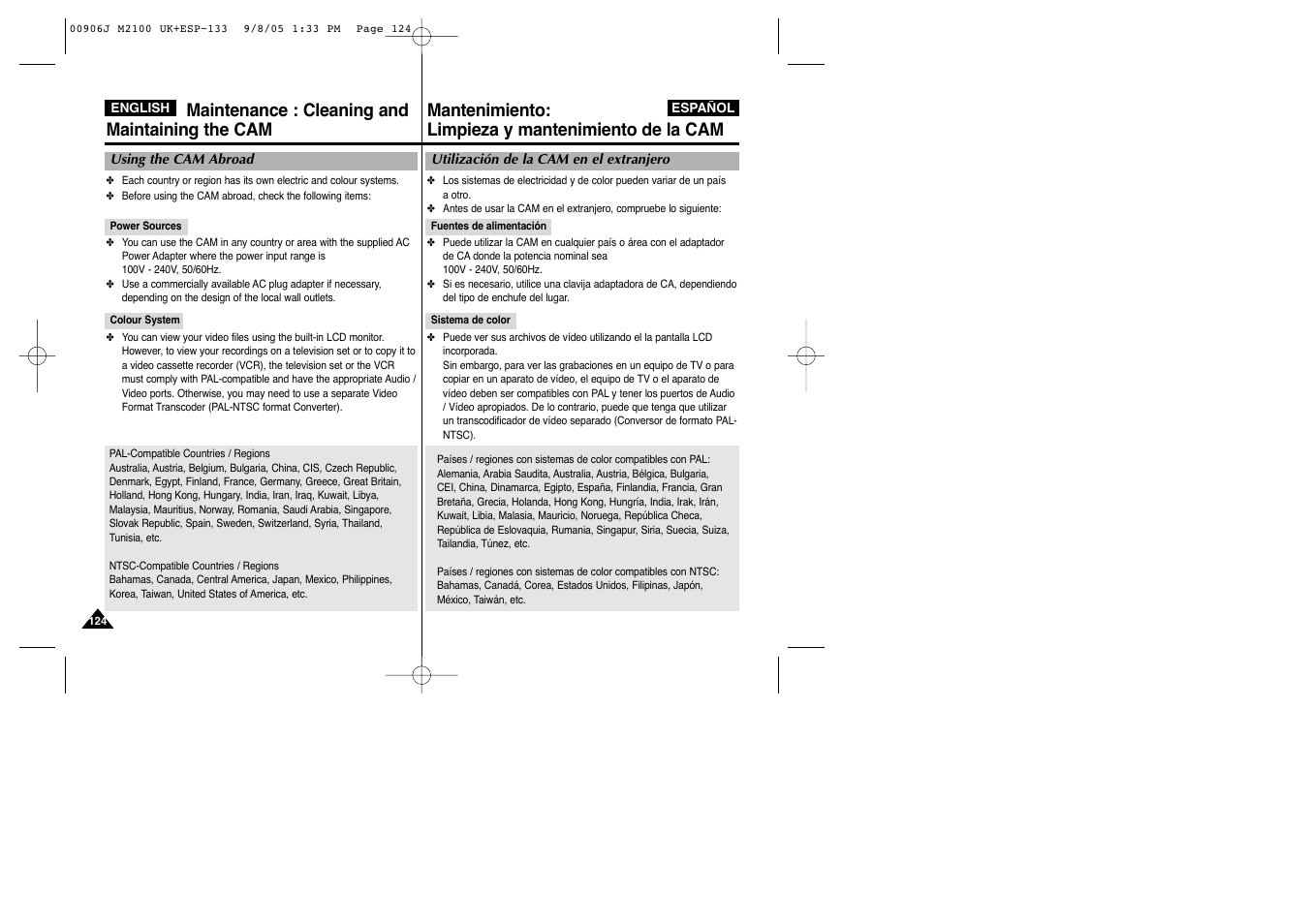 Maintenance : cleaning and maintaining the cam, Mantenimiento: limpieza y mantenimiento de la cam | Samsung VP-M2100S User Manual | Page 124 / 134