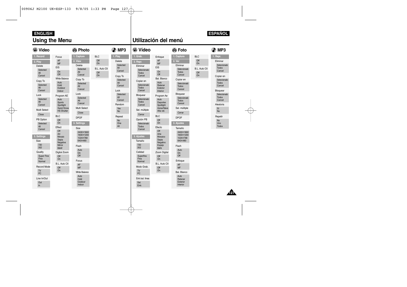 Using the menu, Utilización del menú, Vídeo | Video, Photo mp3, Foto mp3 | Samsung VP-M2100S User Manual | Page 127 / 134
