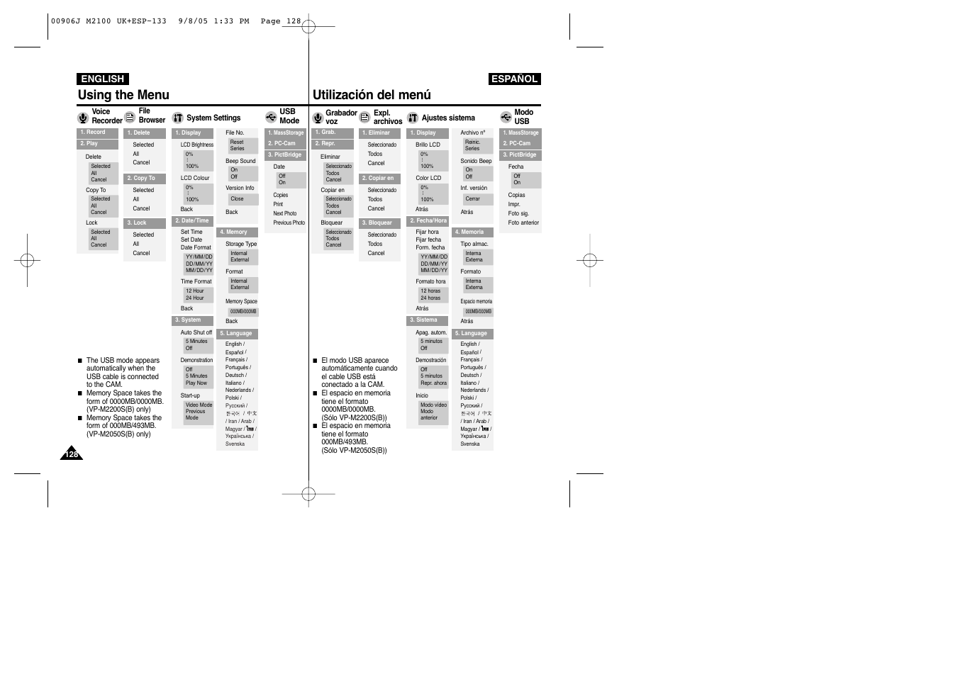 Using the menu, Utilización del menú | Samsung VP-M2100S User Manual | Page 128 / 134