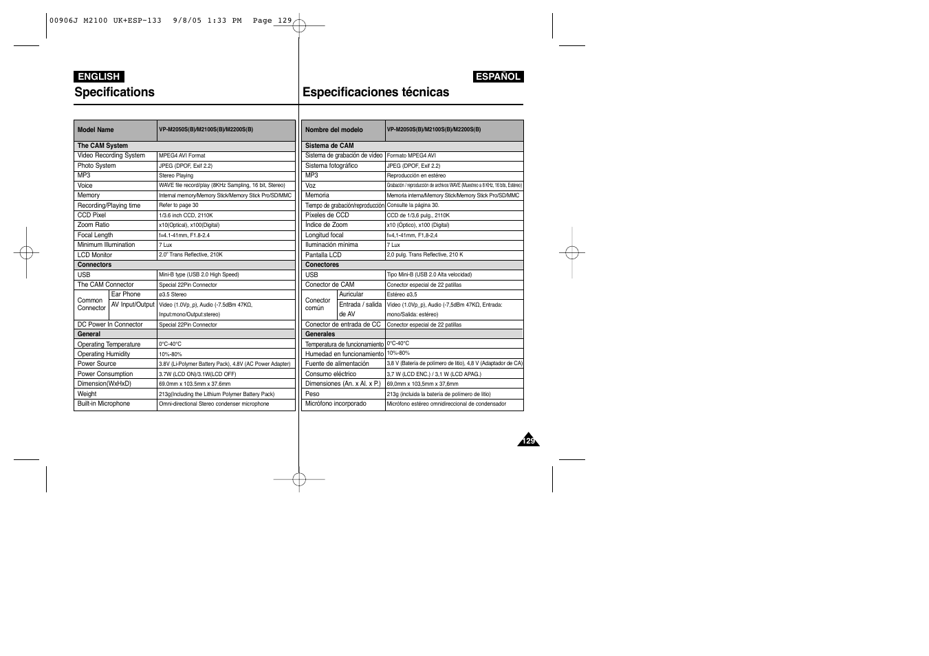 Specifications, Especificaciones técnicas | Samsung VP-M2100S User Manual | Page 129 / 134