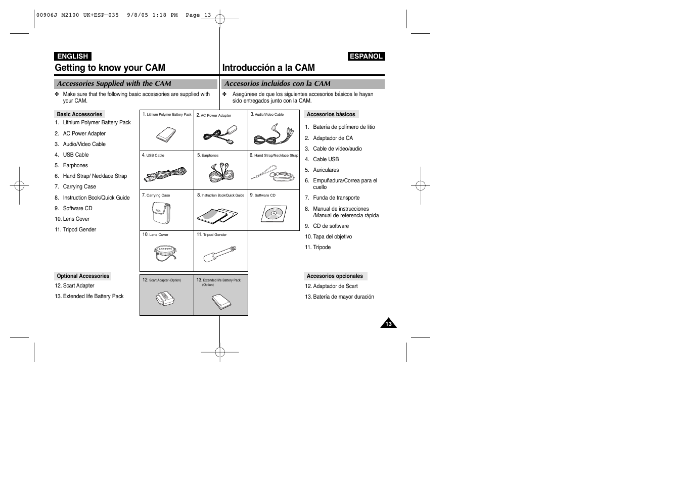 Getting to know your cam, Introducción a la cam | Samsung VP-M2100S User Manual | Page 13 / 134