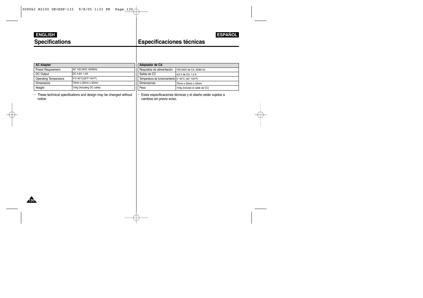 Specifications, Especificaciones técnicas | Samsung VP-M2100S User Manual | Page 130 / 134