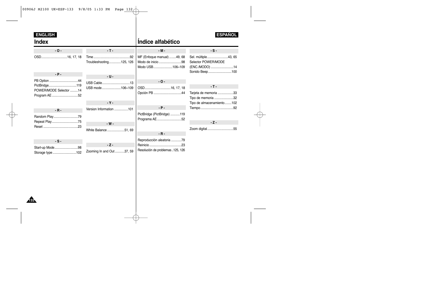 Index, Índice alfabético | Samsung VP-M2100S User Manual | Page 132 / 134