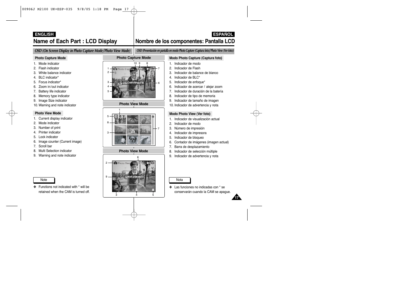 Name of each part : lcd display, Nombre de los componentes: pantalla lcd | Samsung VP-M2100S User Manual | Page 17 / 134