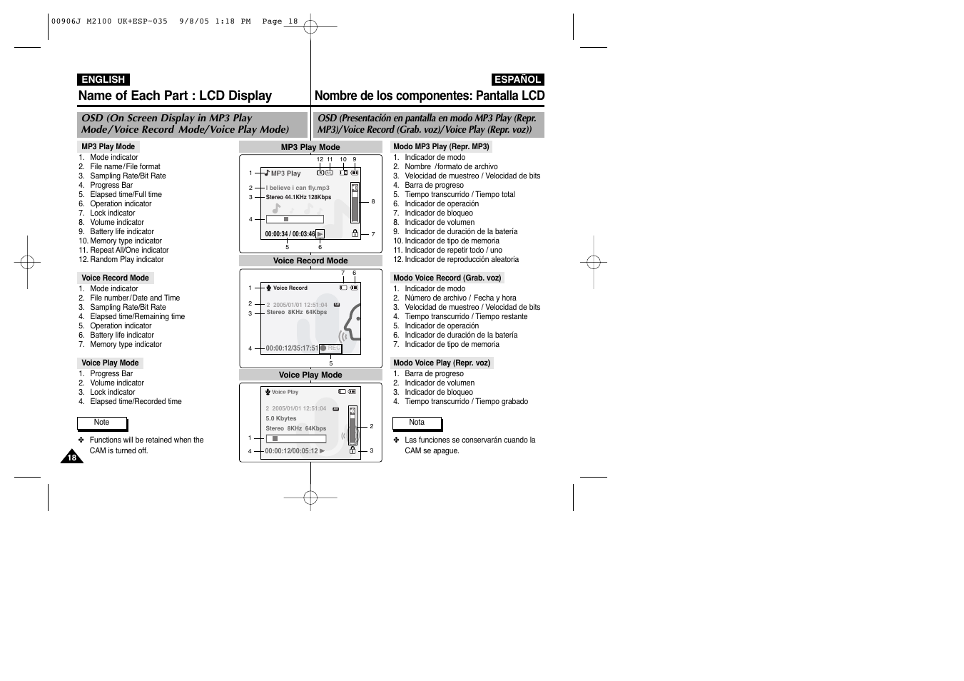 Name of each part : lcd display, Nombre de los componentes: pantalla lcd | Samsung VP-M2100S User Manual | Page 18 / 134