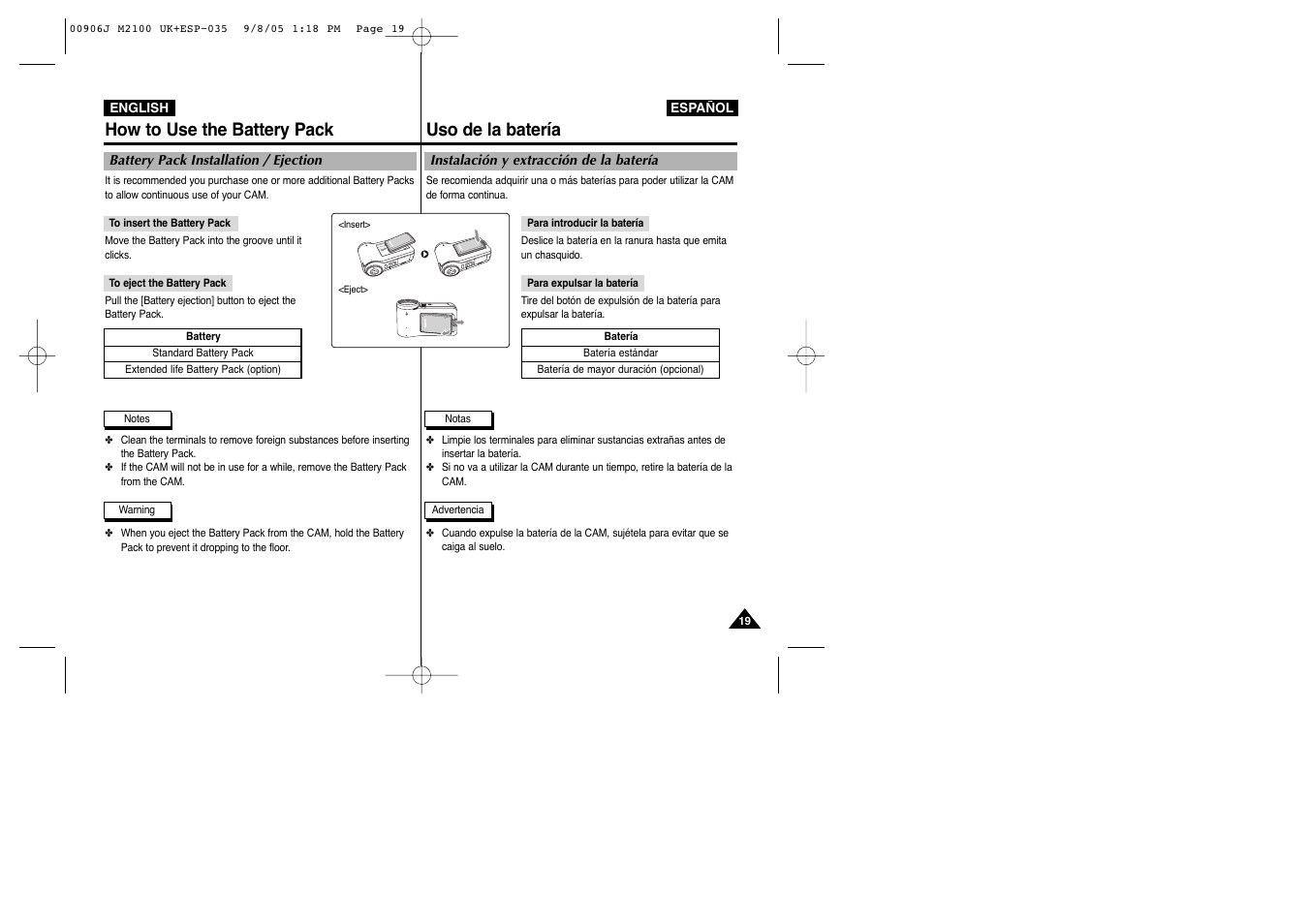 How to use the battery pack, Uso de la batería | Samsung VP-M2100S User Manual | Page 19 / 134