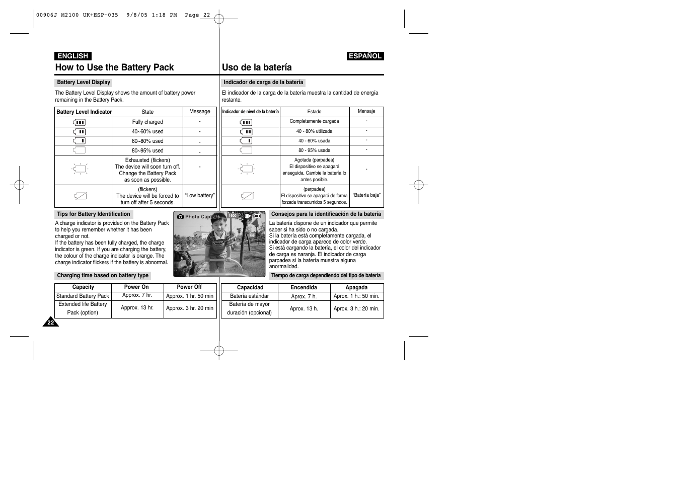 How to use the battery pack, Uso de la batería | Samsung VP-M2100S User Manual | Page 22 / 134