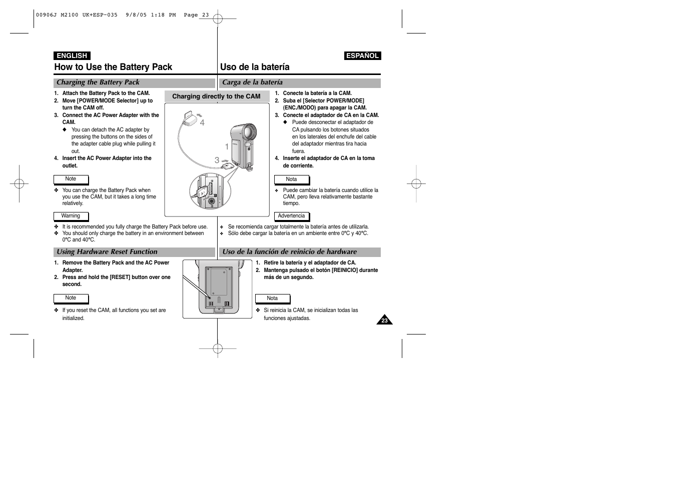 Uso de la batería, How to use the battery pack | Samsung VP-M2100S User Manual | Page 23 / 134