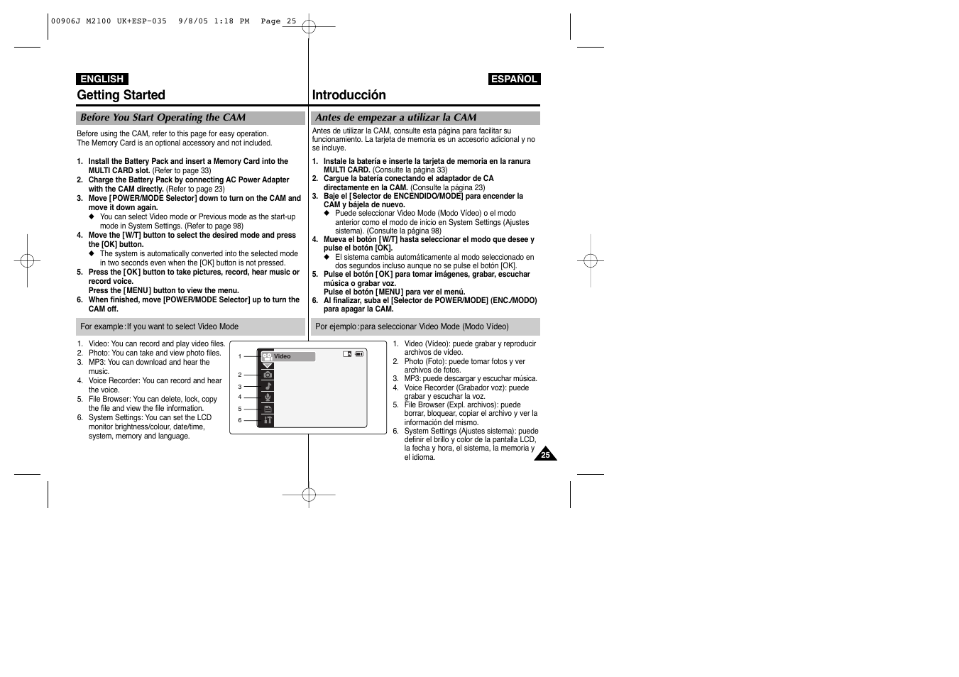 Getting started, Introducción | Samsung VP-M2100S User Manual | Page 25 / 134