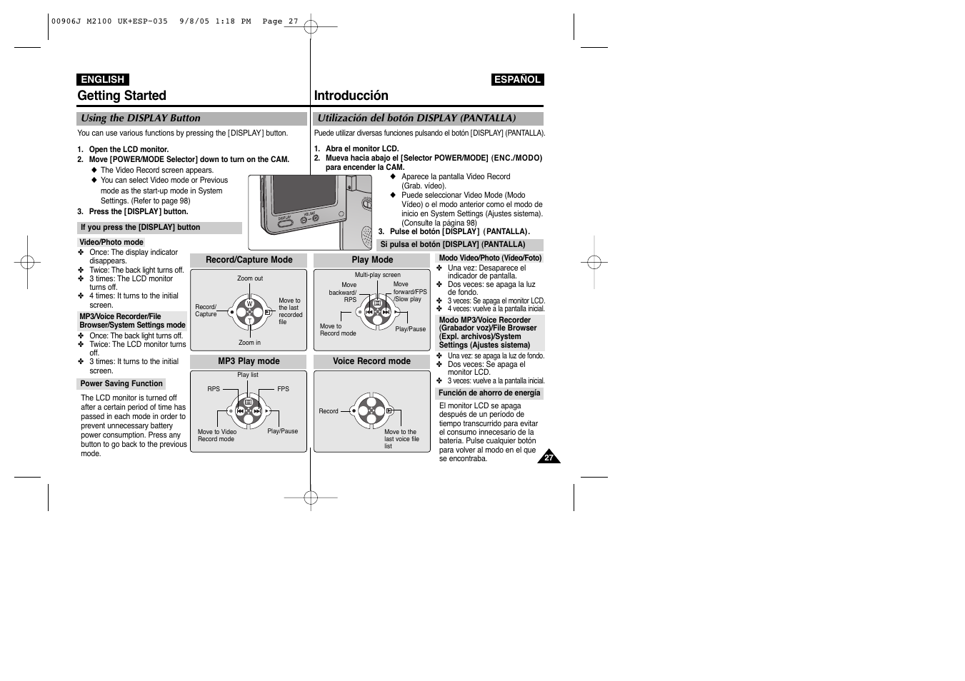 Getting started, Introducción | Samsung VP-M2100S User Manual | Page 27 / 134