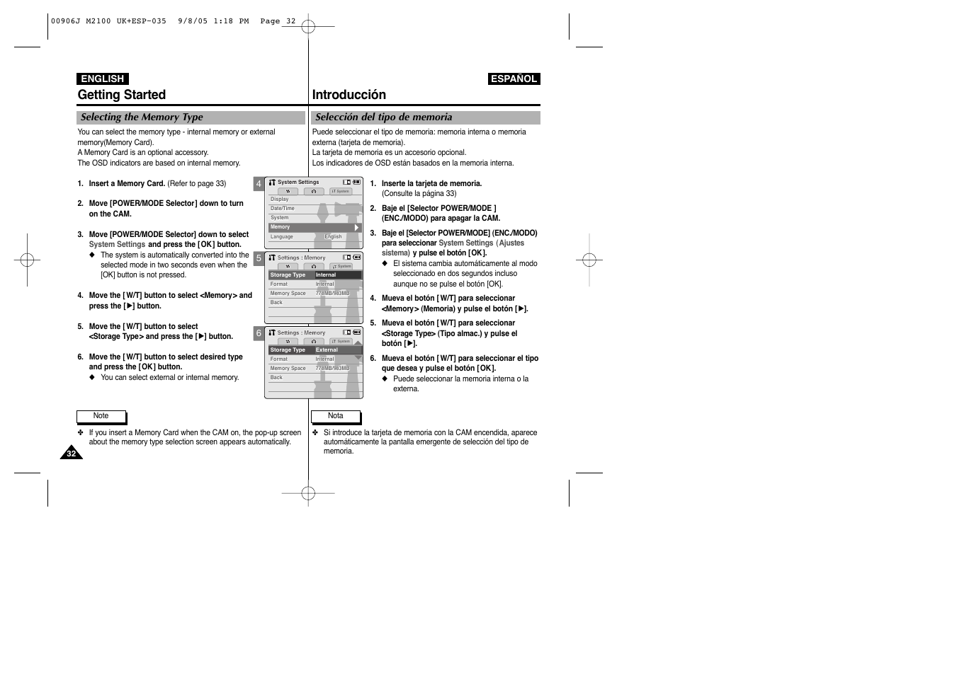 Getting started, Introducción | Samsung VP-M2100S User Manual | Page 32 / 134