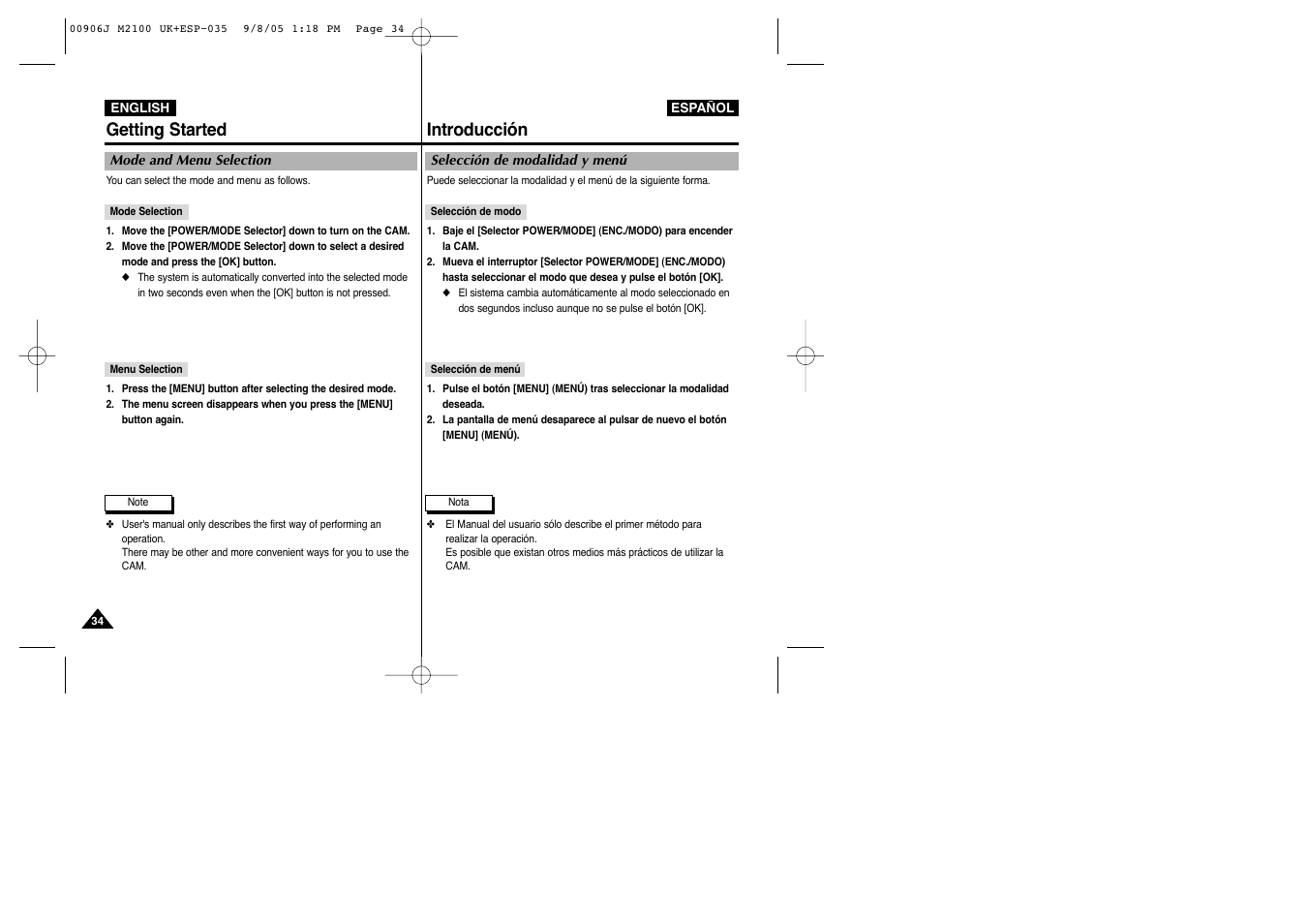 Getting started, Introducción | Samsung VP-M2100S User Manual | Page 34 / 134