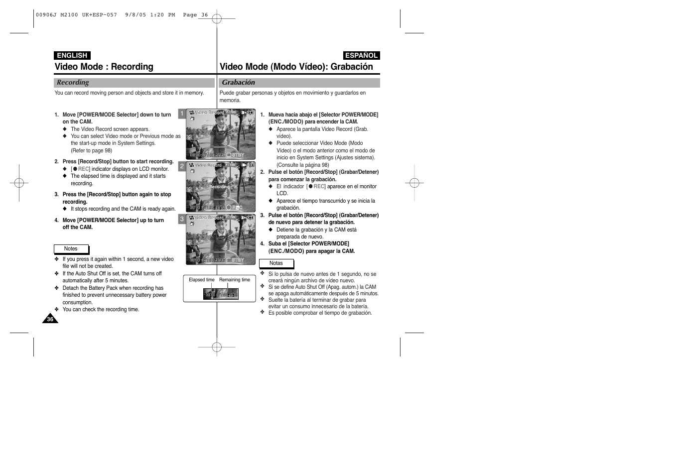 Video mode : recording, Video mode (modo vídeo): grabación | Samsung VP-M2100S User Manual | Page 36 / 134