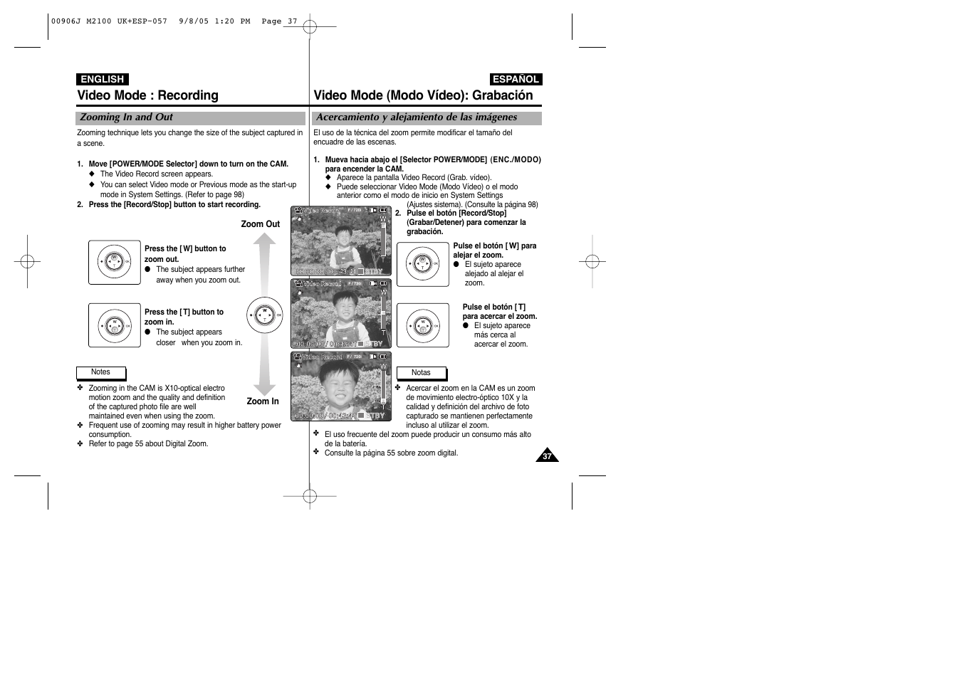 Video mode : recording, Video mode (modo vídeo): grabación | Samsung VP-M2100S User Manual | Page 37 / 134