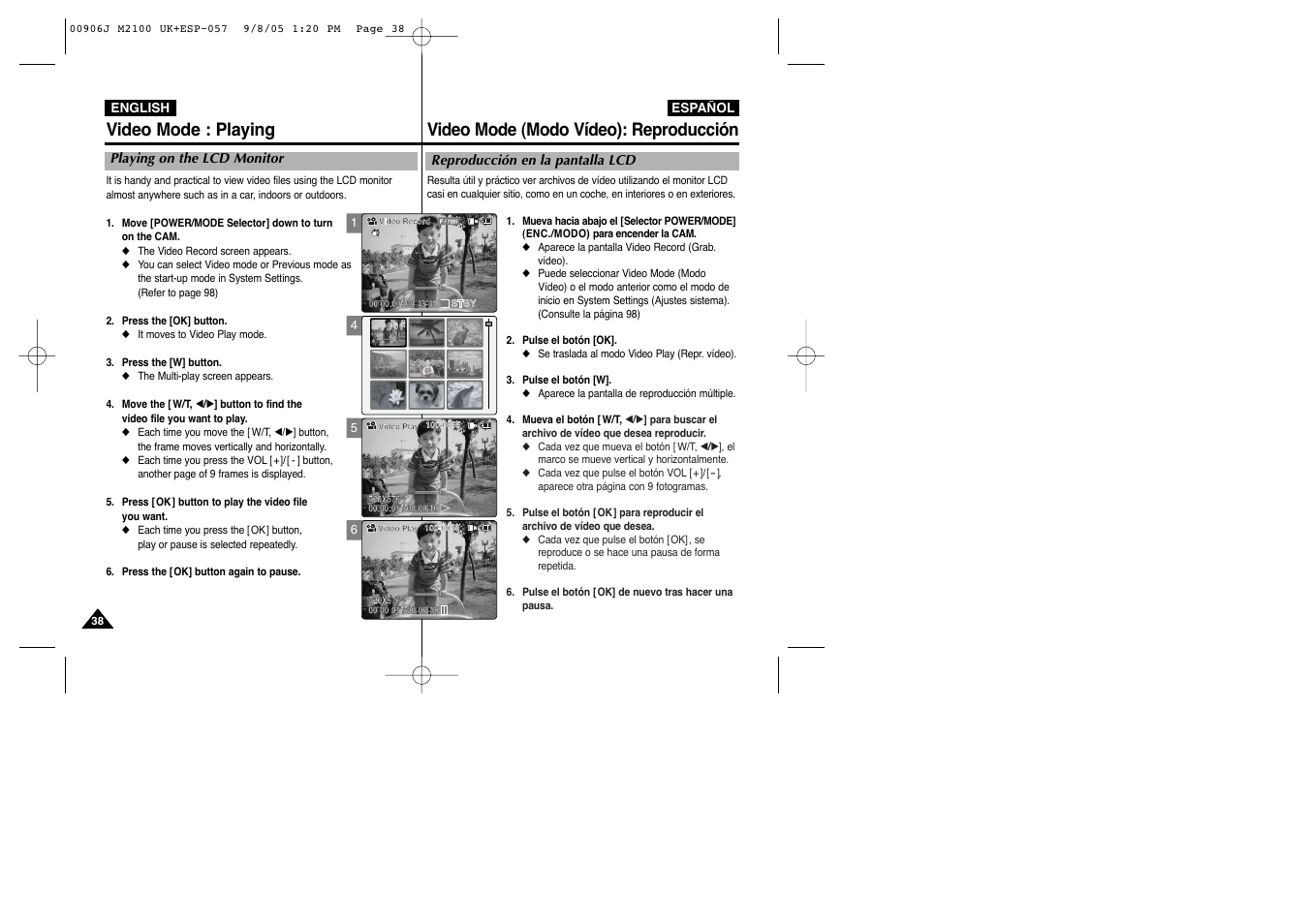 Video mode : playing, Video mode (modo vídeo): reproducción | Samsung VP-M2100S User Manual | Page 38 / 134