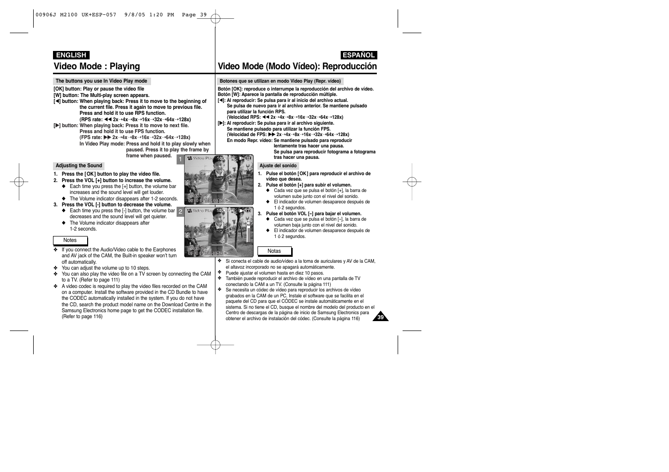 Video mode : playing, Video mode (modo vídeo): reproducción | Samsung VP-M2100S User Manual | Page 39 / 134