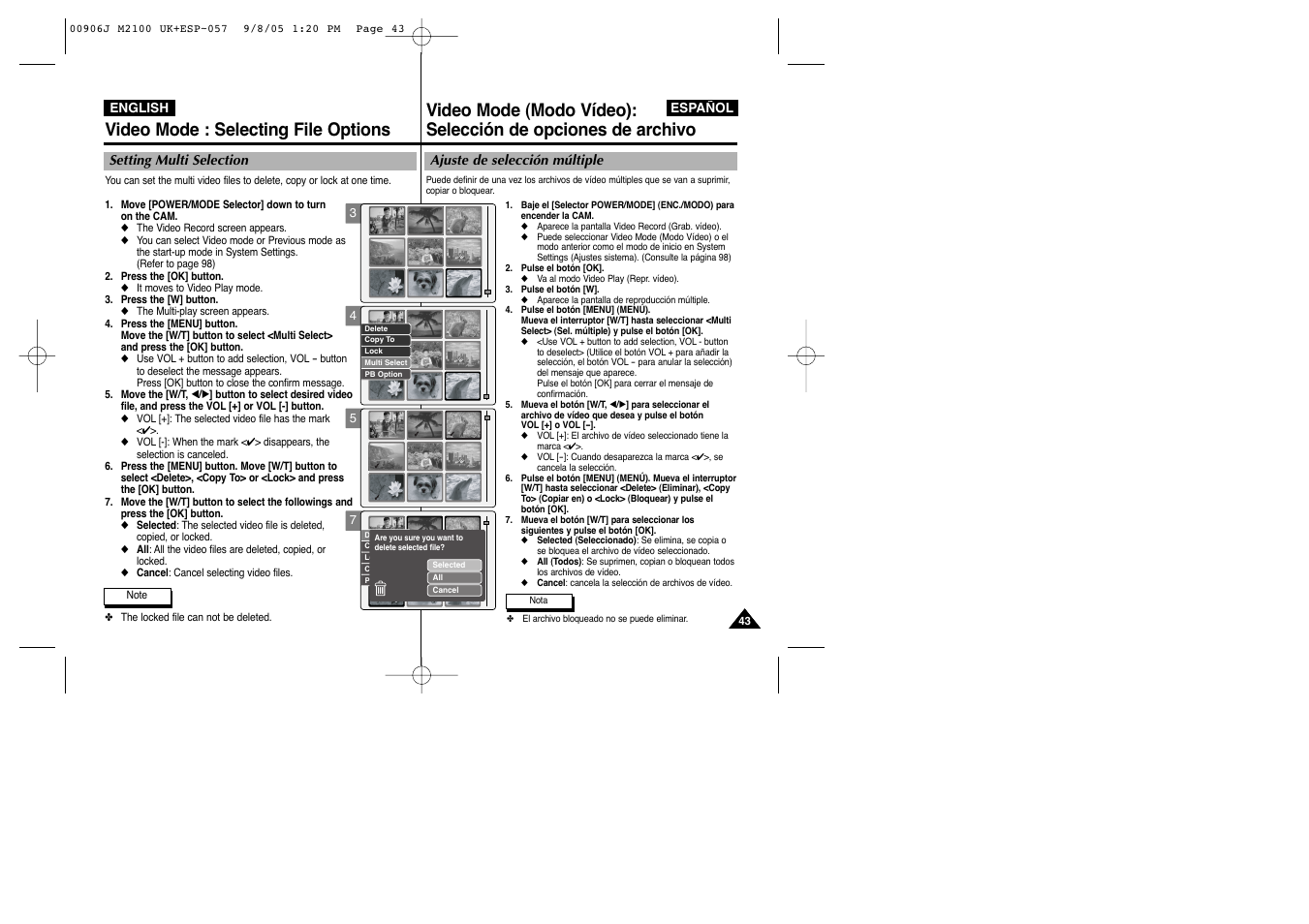 Video mode : selecting file options | Samsung VP-M2100S User Manual | Page 43 / 134