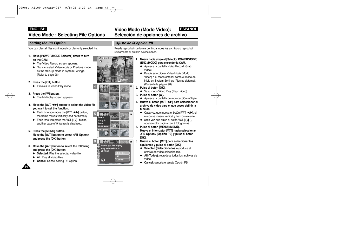 Video mode : selecting file options | Samsung VP-M2100S User Manual | Page 44 / 134