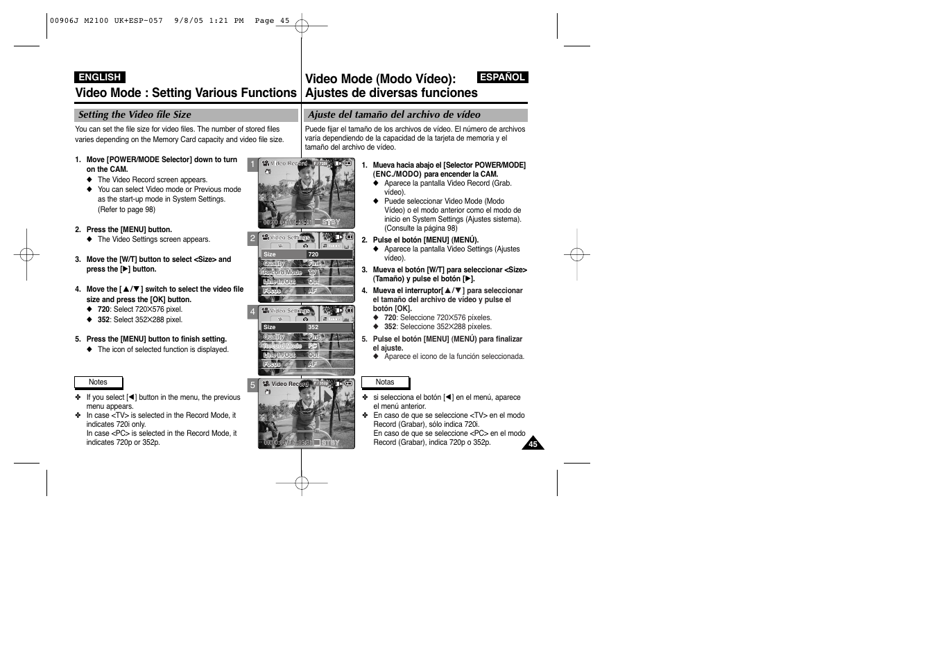 Video mode : setting various functions | Samsung VP-M2100S User Manual | Page 45 / 134