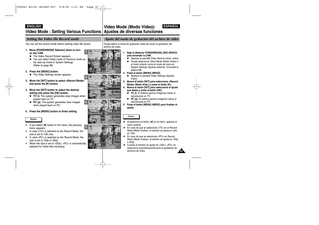 Video mode : setting various functions | Samsung VP-M2100S User Manual | Page 47 / 134