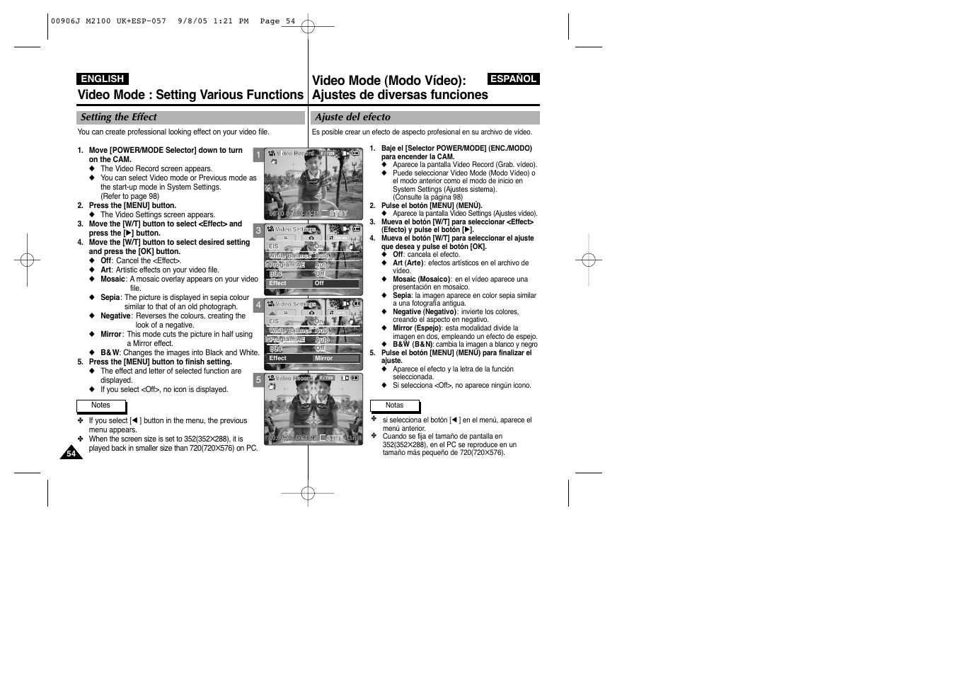 Video mode : setting various functions | Samsung VP-M2100S User Manual | Page 54 / 134