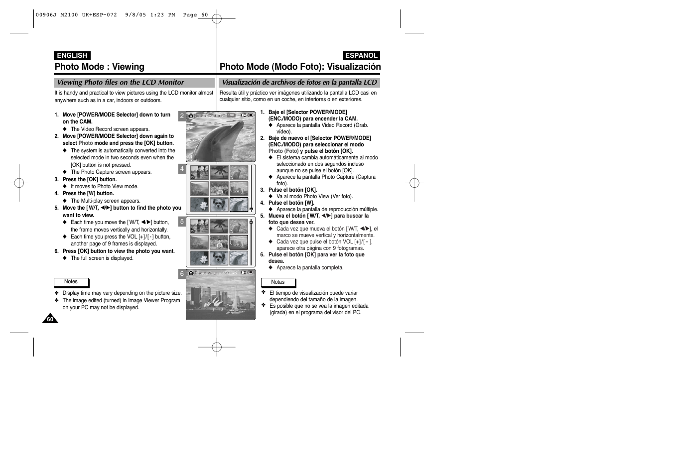 Photo mode : viewing, Photo mode (modo foto): visualización | Samsung VP-M2100S User Manual | Page 60 / 134