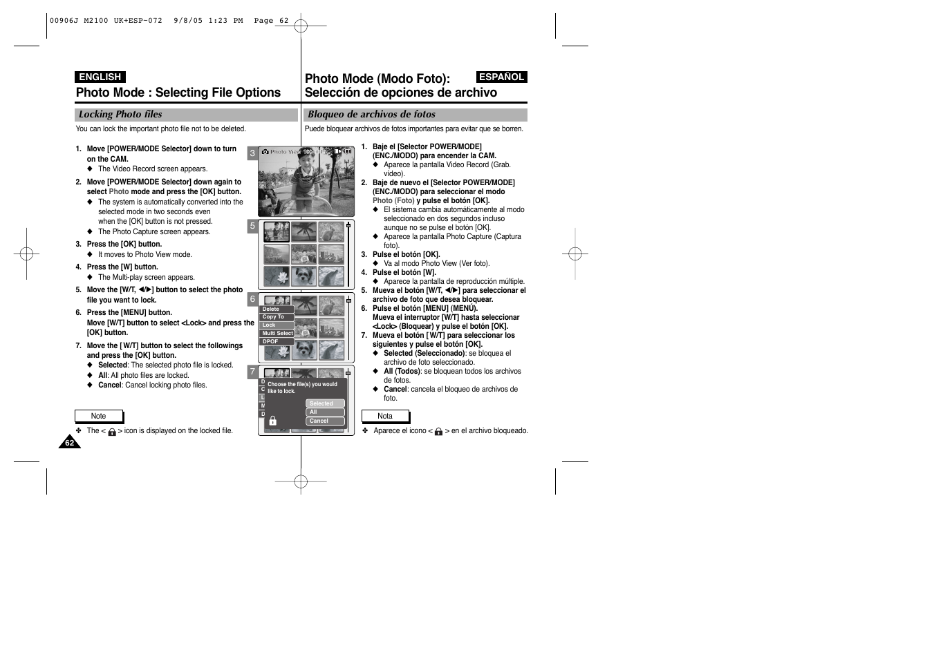 Photo mode : selecting file options | Samsung VP-M2100S User Manual | Page 62 / 134