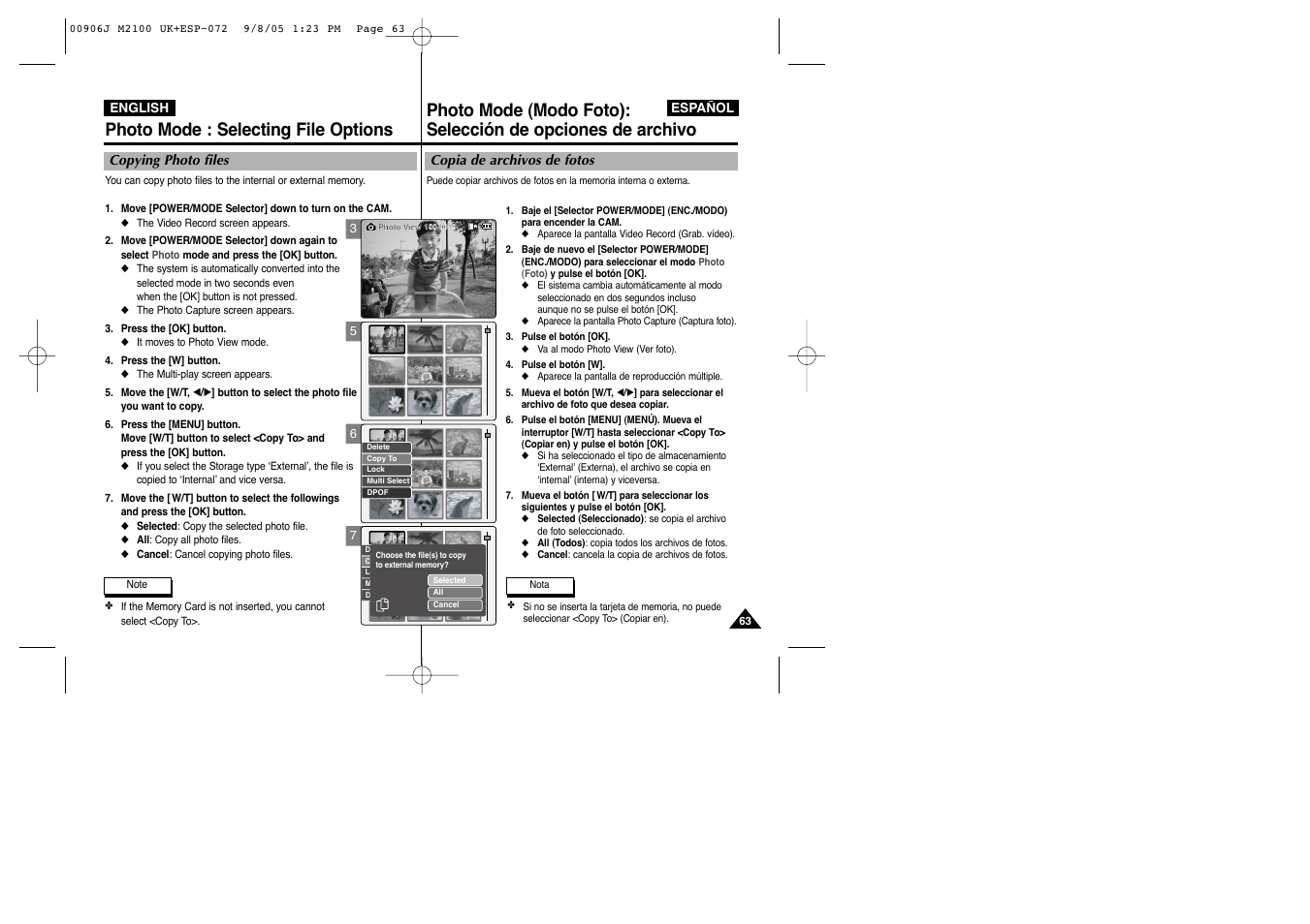 Photo mode : selecting file options | Samsung VP-M2100S User Manual | Page 63 / 134