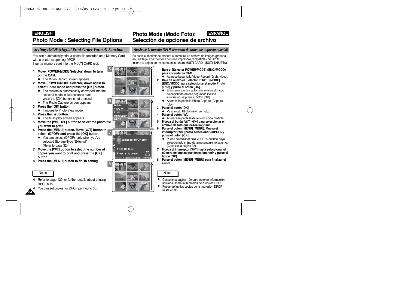 Photo mode : selecting file options | Samsung VP-M2100S User Manual | Page 64 / 134